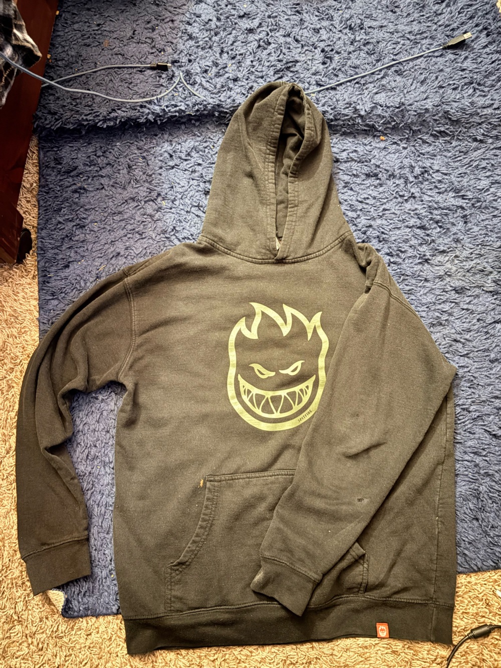 Spitfire Olive Green Pullover Hoodie with Neon Green Flame Logo